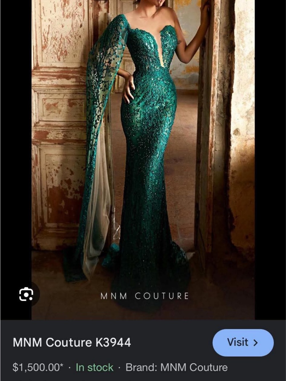 MNM Couture Teal Green One-Shoulder Beaded Evening Gown
